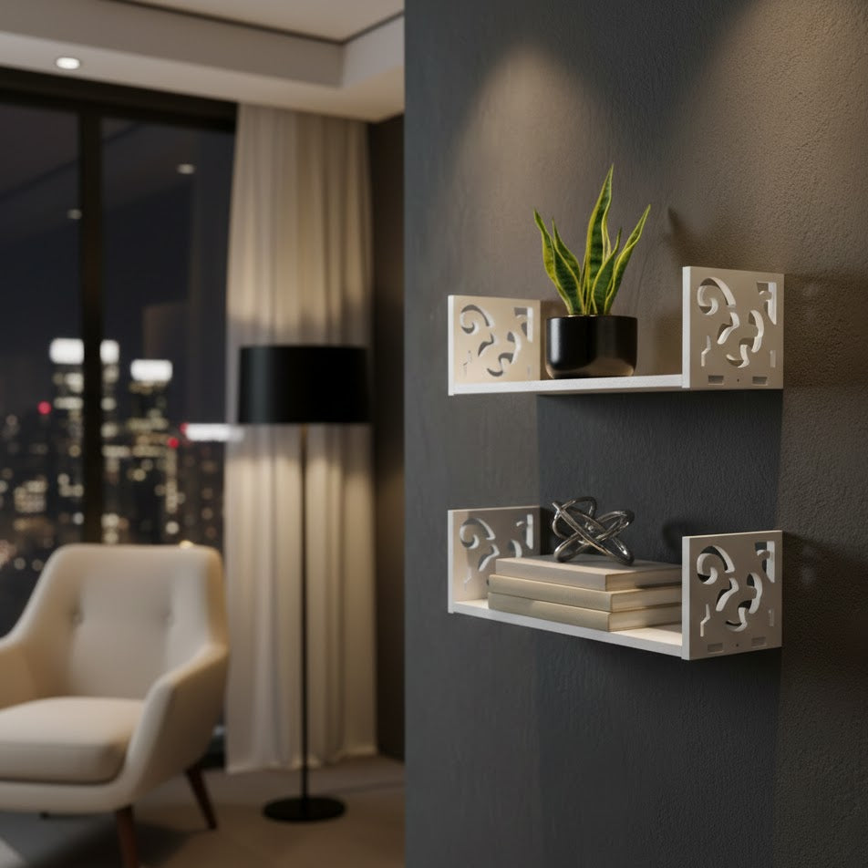 Carved U-Shaped Floating Wall Shelves Set (Small & Large)