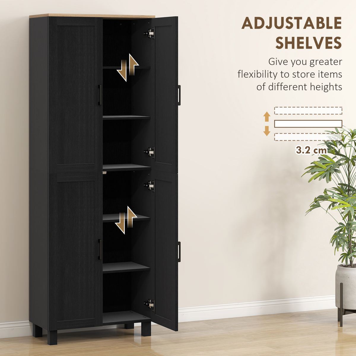 Slim Tall Storage Cupboard with Six-Tier Adjustable Shelving - Black