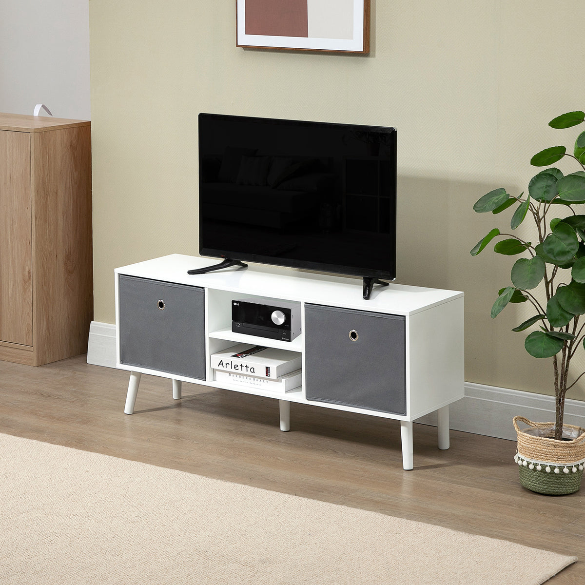 White and Grey TV Stand with 2 Drawers and 2 Shelves