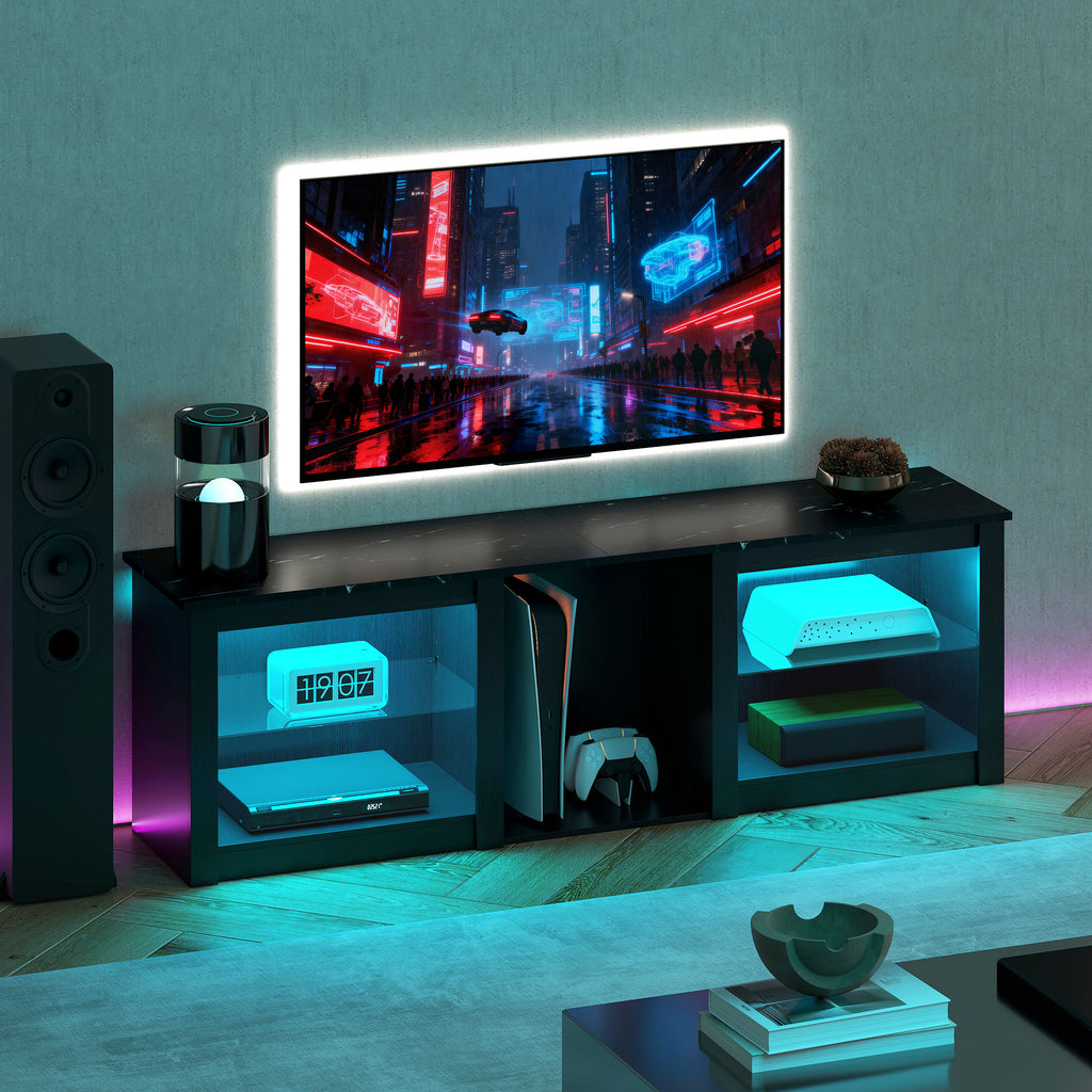 Black TV Stand with RGB LED Lights and Glass Shelves