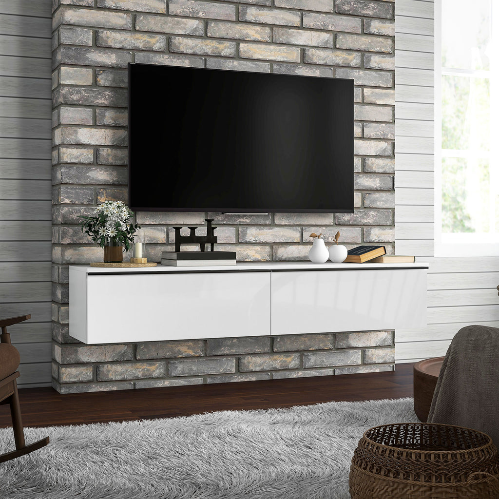 White High Gloss Floating TV Cabinet with 2 Cupboards