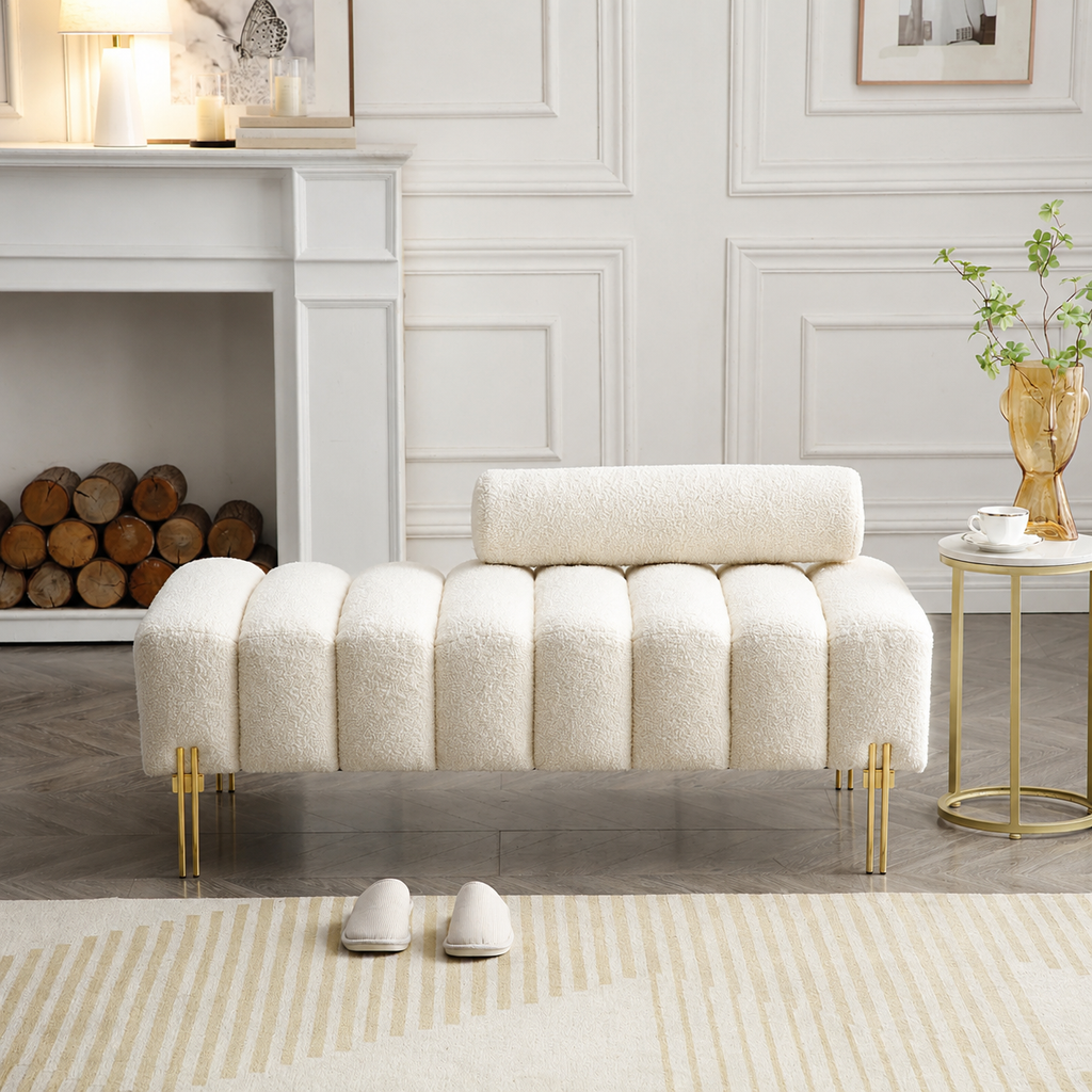 Beige Sherpa Upholstered End of Bed Bench with Gold Legs