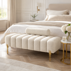 Beige Sherpa Upholstered End of Bed Bench with Gold Legs