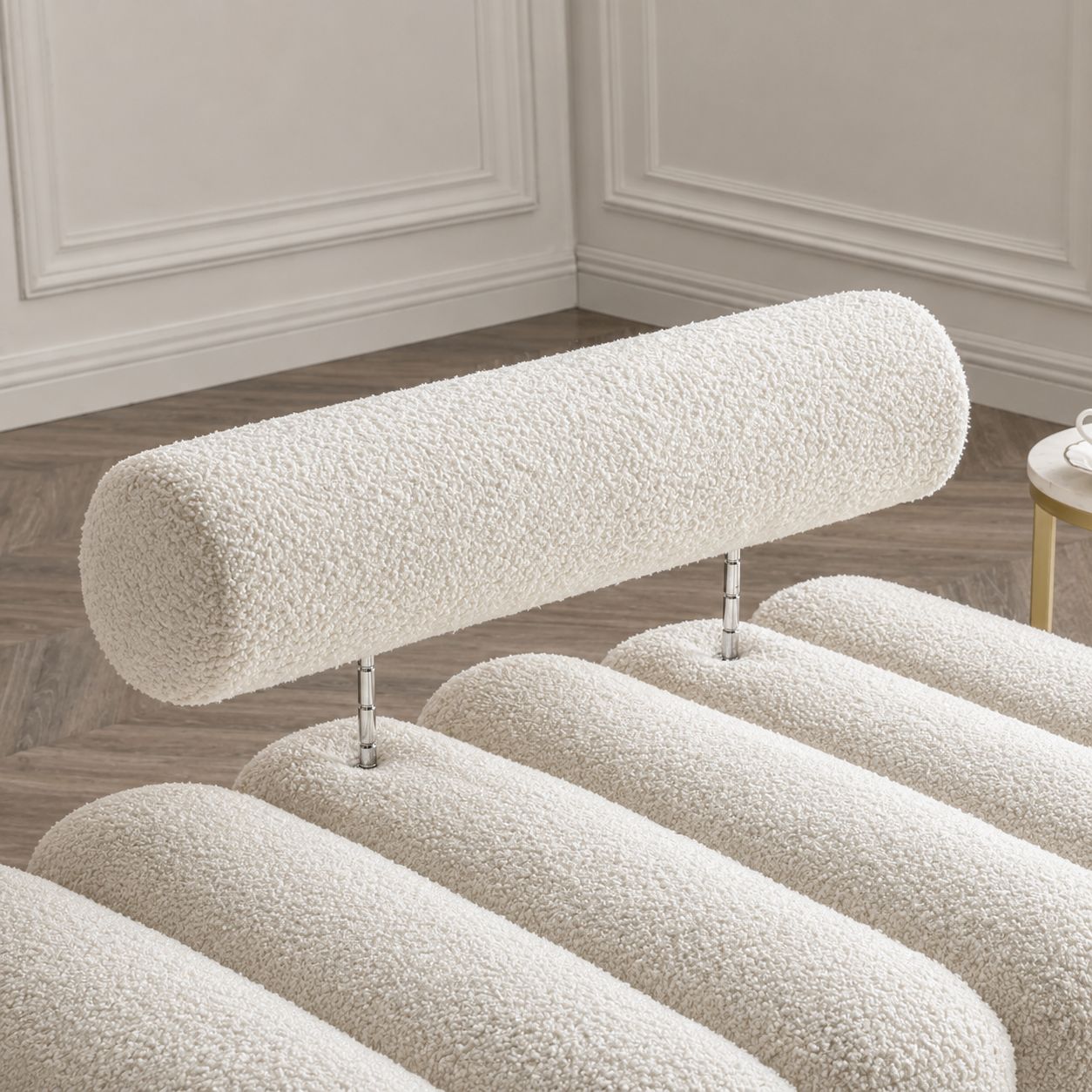 Beige Sherpa Upholstered End of Bed Bench with Gold Legs