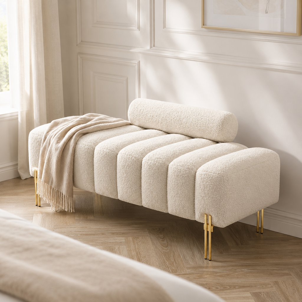 Beige Sherpa Upholstered End of Bed Bench with Gold Legs