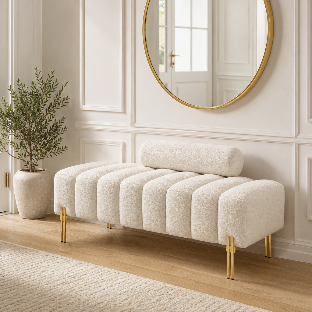 Beige Sherpa Upholstered End of Bed Bench with Gold Legs