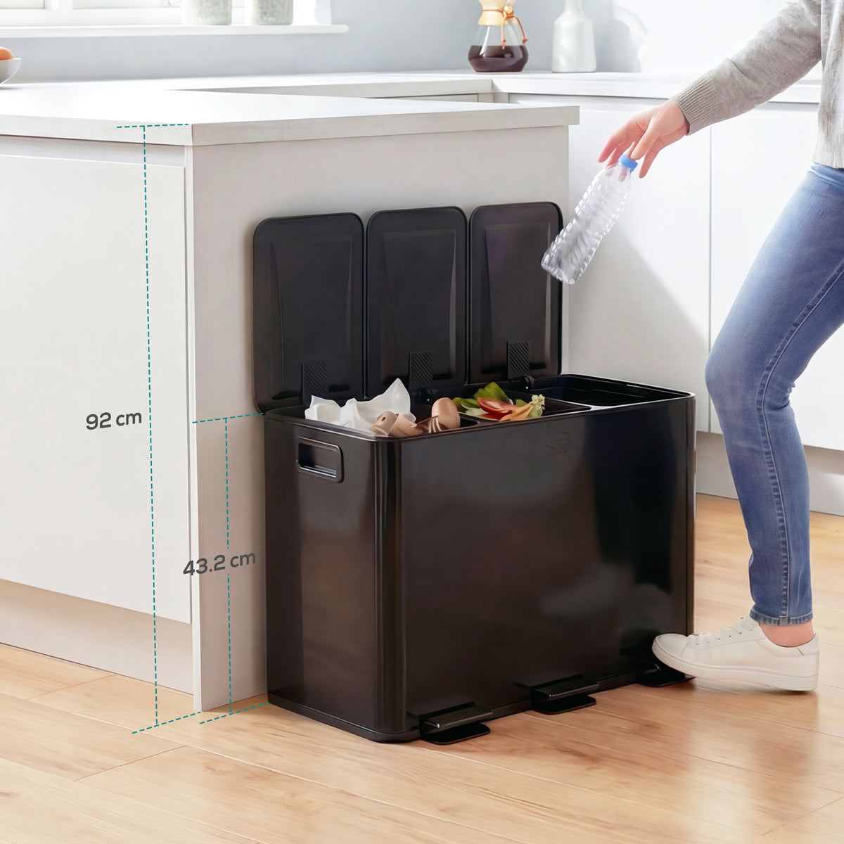 Triple Compartment Pedal Bin with Soft-Close Lid - Black