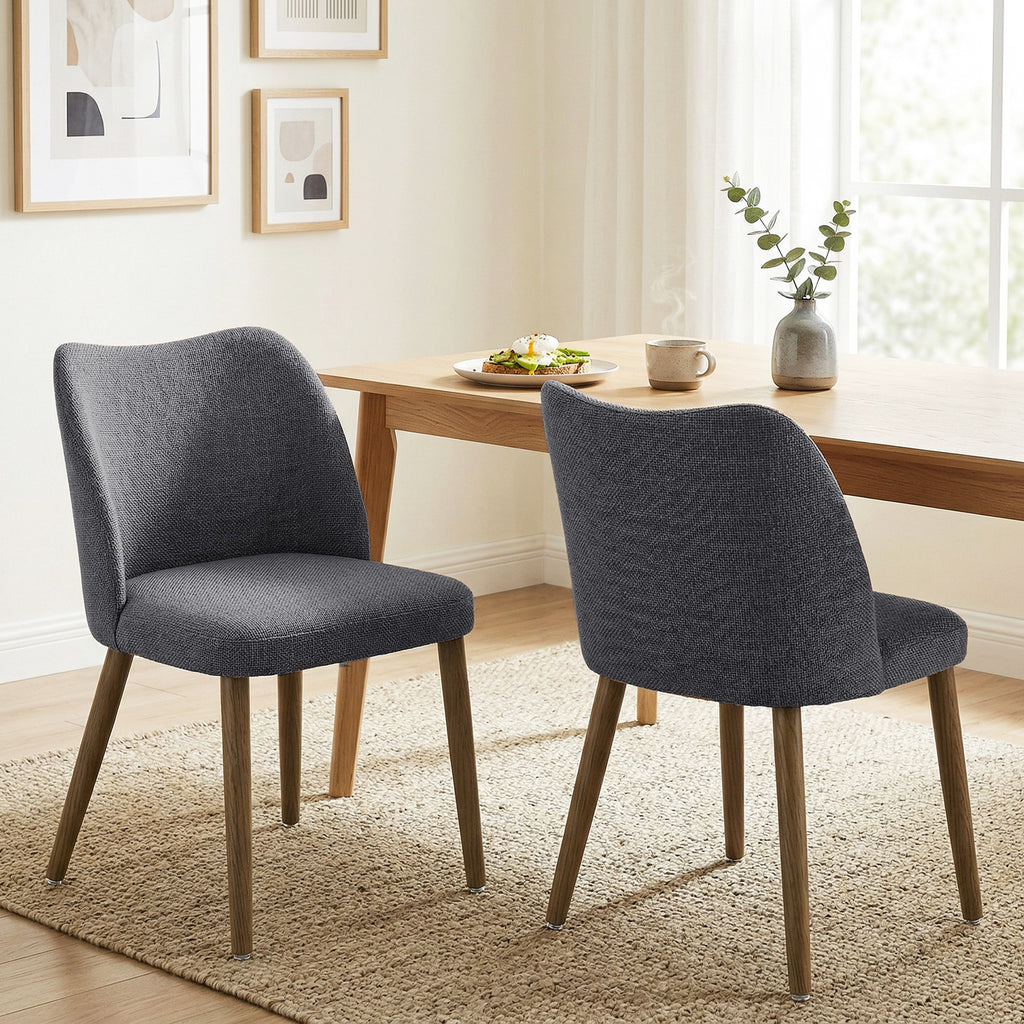 Linen Upholstered Dining Chairs Set of 2 with Curved Backrest Dark Grey