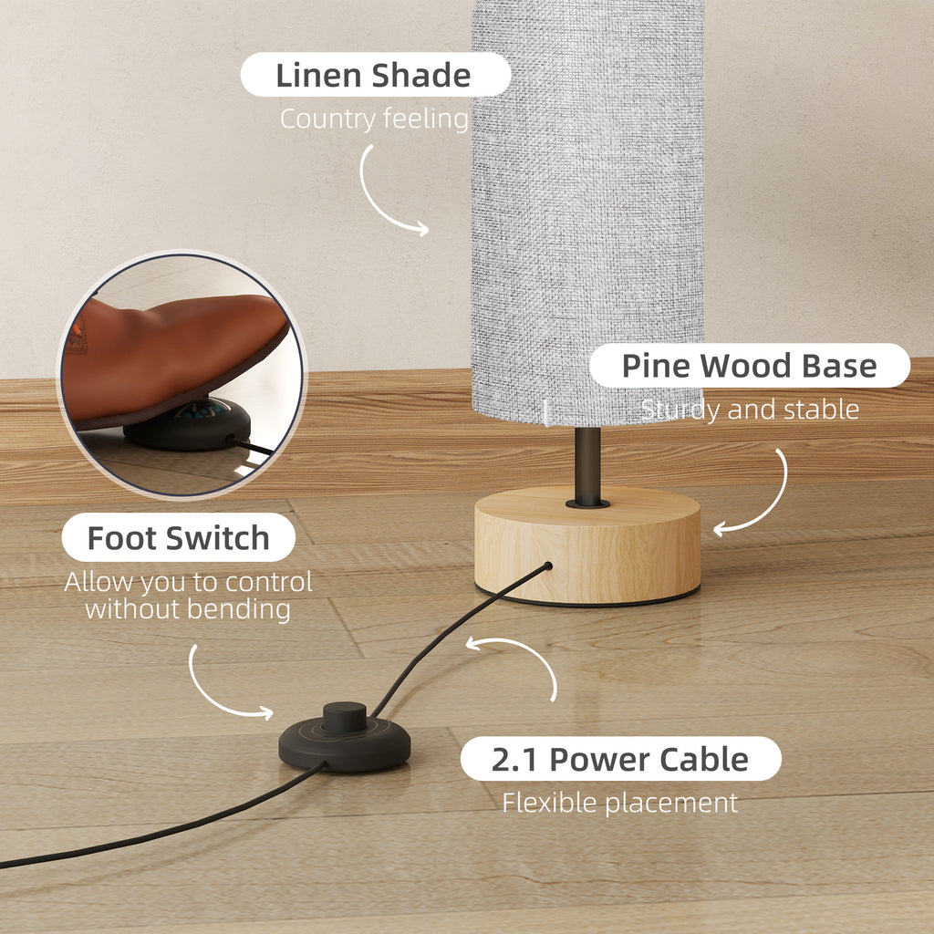 Modern Grey Standing Floor Lamp with Linen Shade and Wooden Base