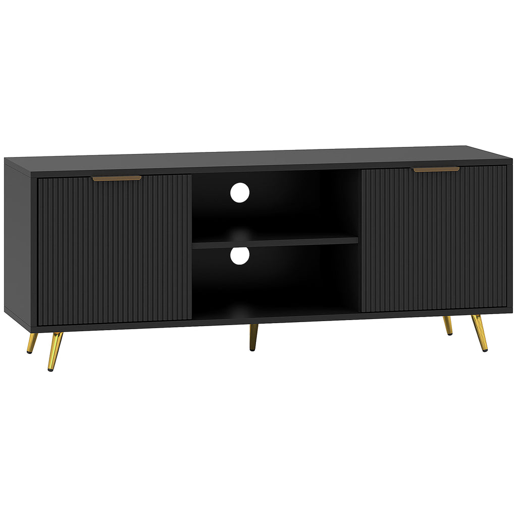 Black Beadboard TV Stand with 2 Cabinets and Open Shelves