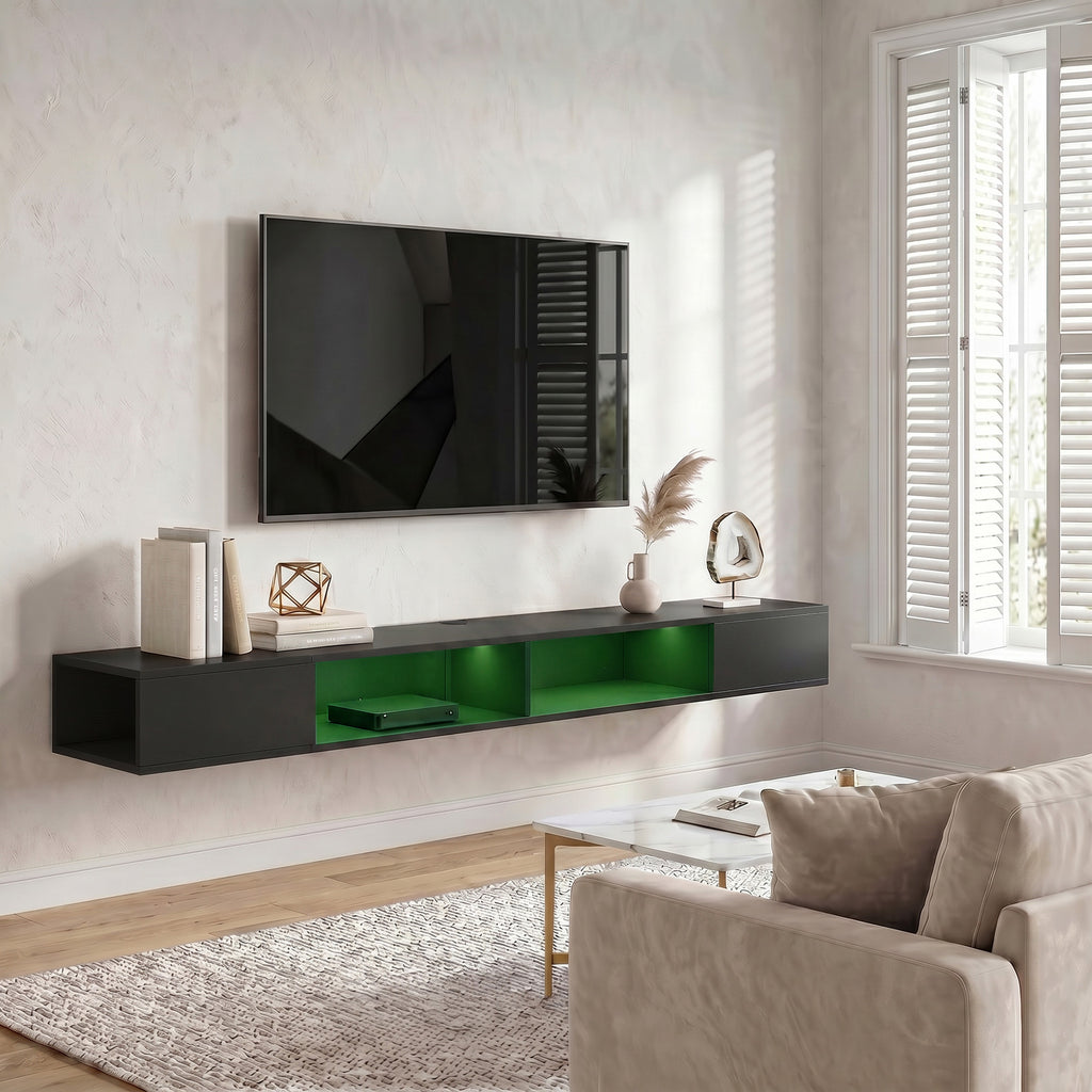 Black Floating Wall-Mounted TV Stand with RGB LED Lights