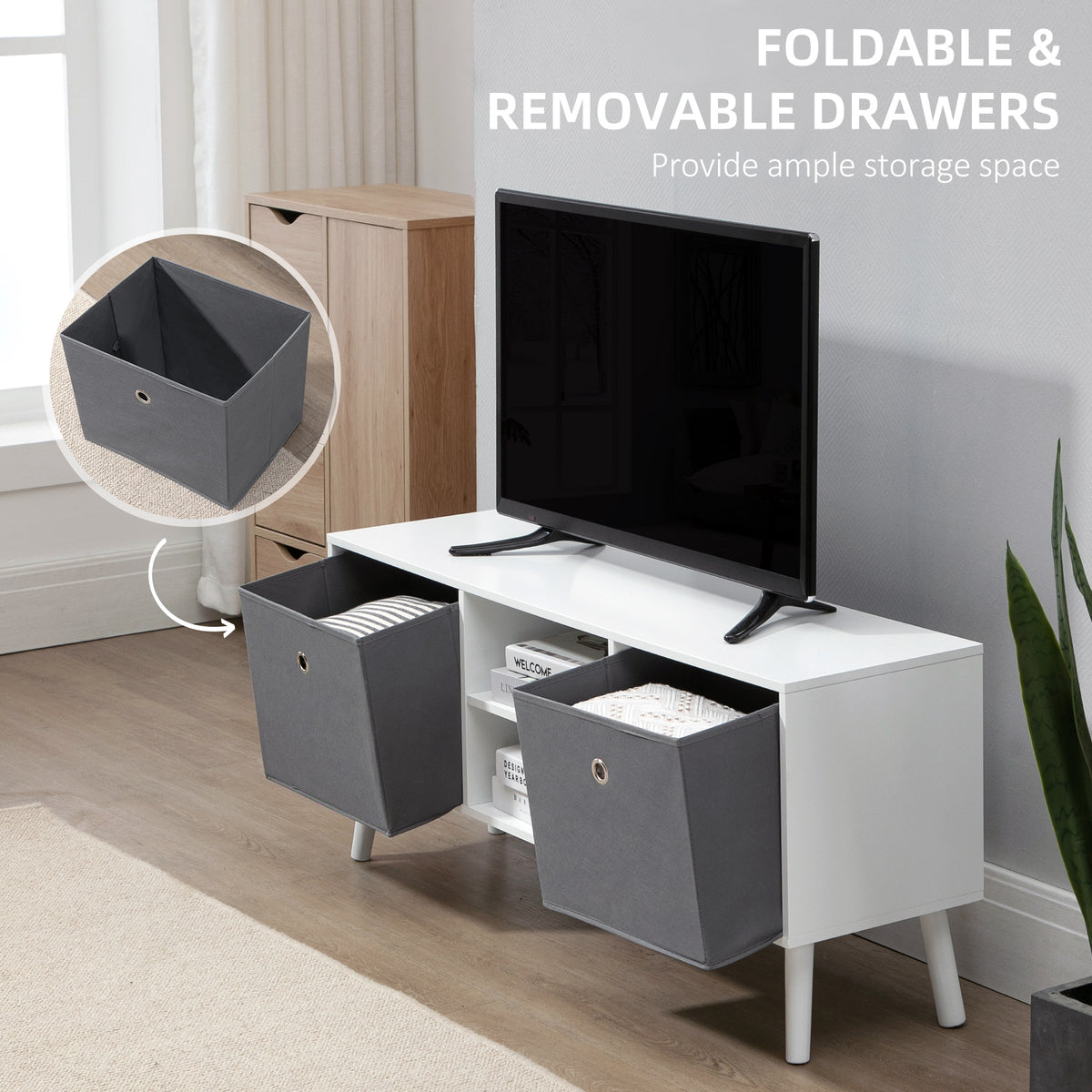White and Grey TV Stand with 2 Drawers and 2 Shelves