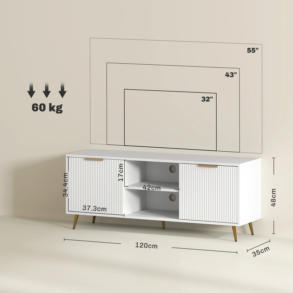 Beadboard TV Stand with 2 Cabinets and Open Shelves - White