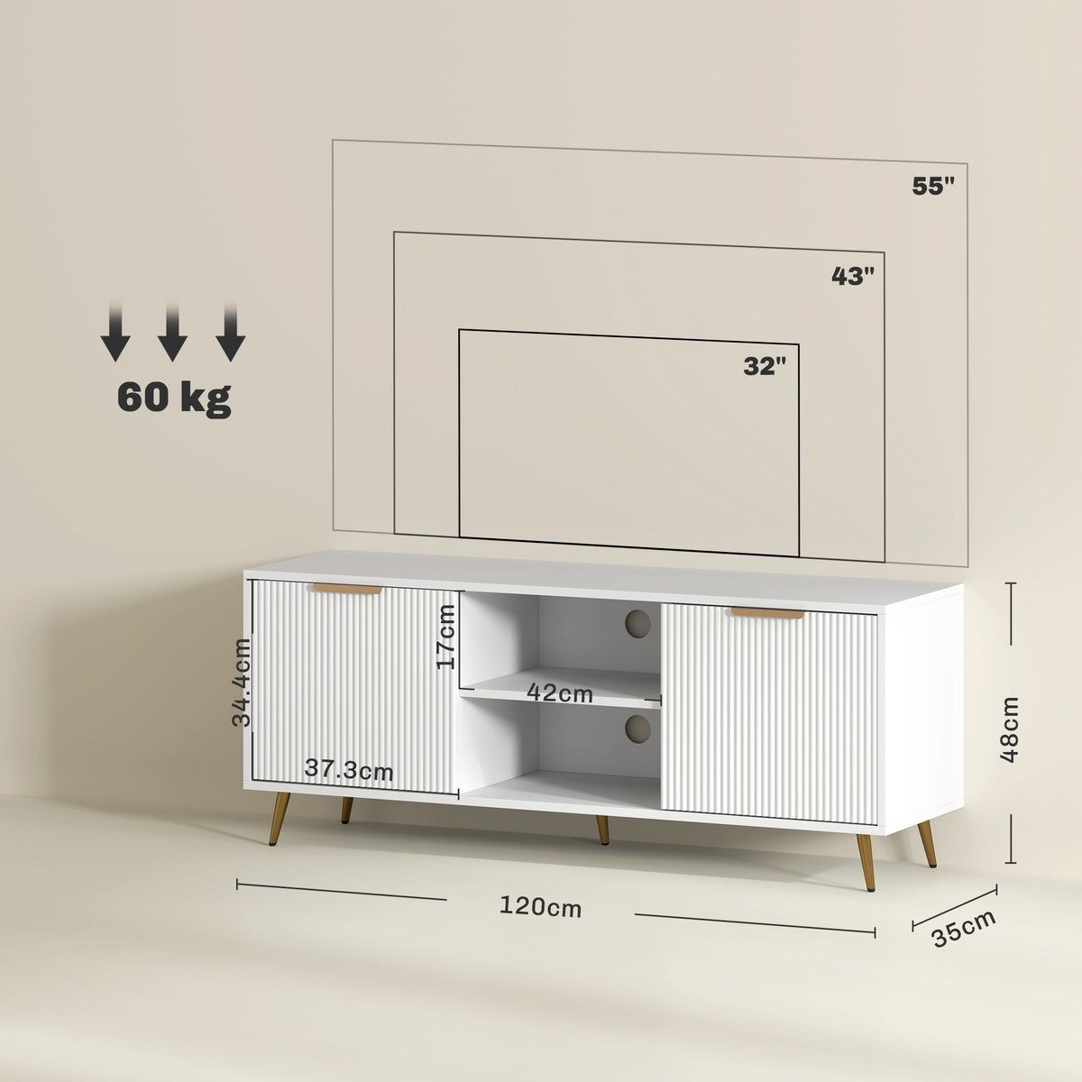 Beadboard TV Stand with 2 Cabinets and Open Shelves - White