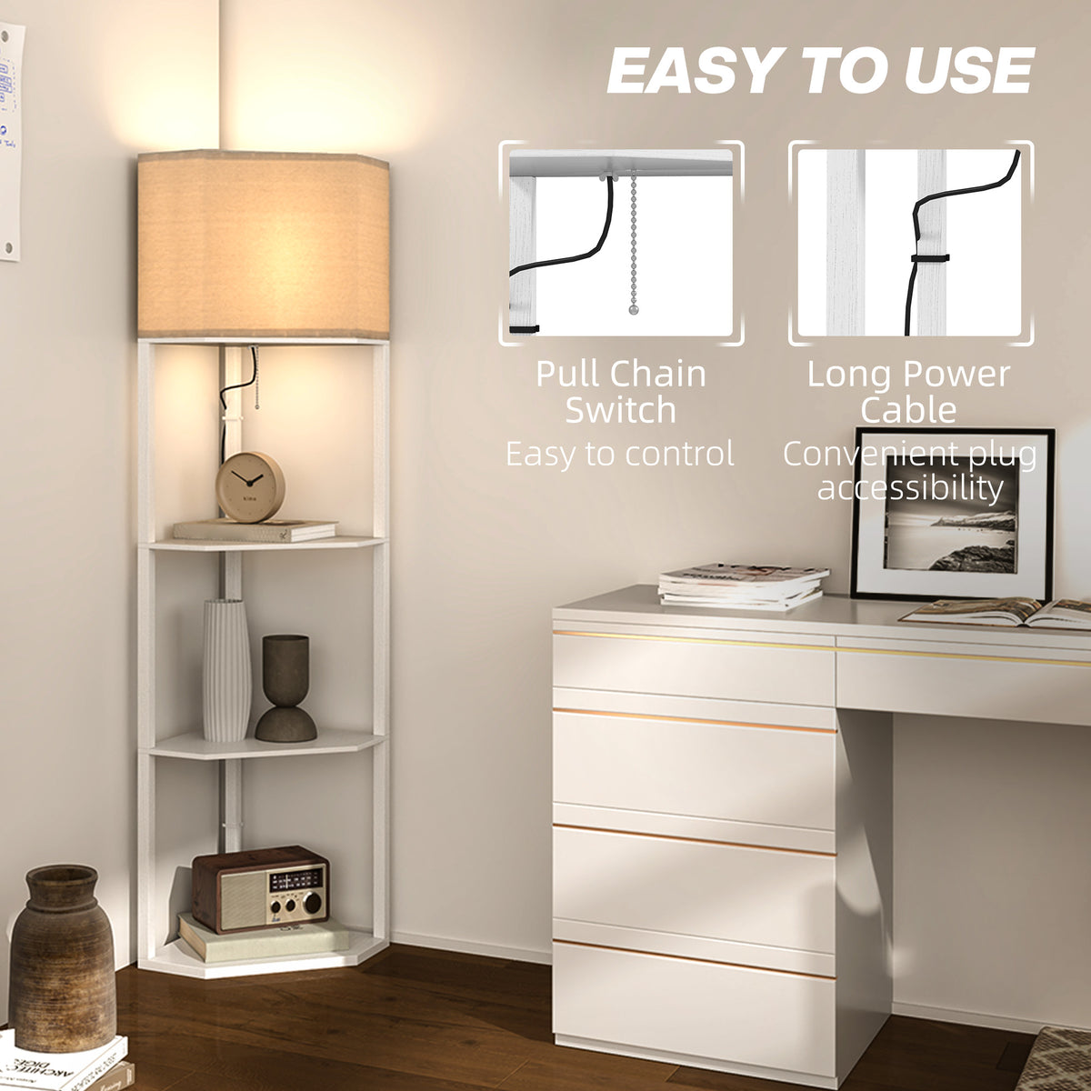 Corner Design Floor Lamp with Shelves and Pull Chain Switch