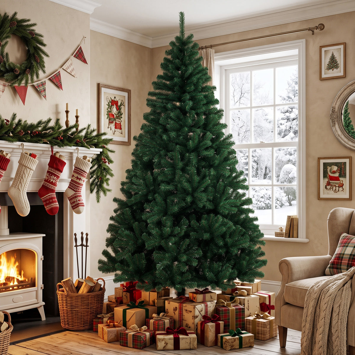 7ft Hinged Fir Christmas Tree with Foldable Steel Stand Green