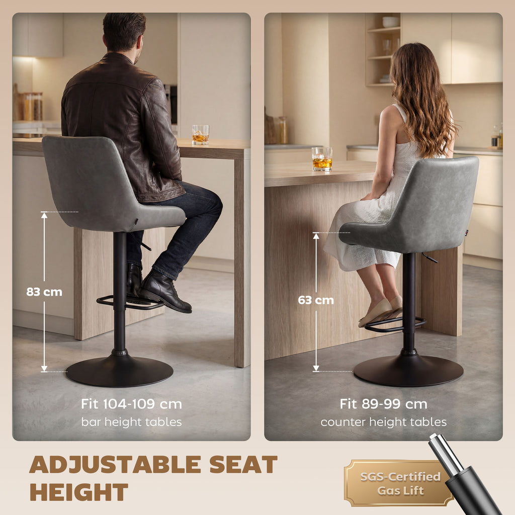Retro Faux Leather Bar Stools Set of 2 with Adjustable Height