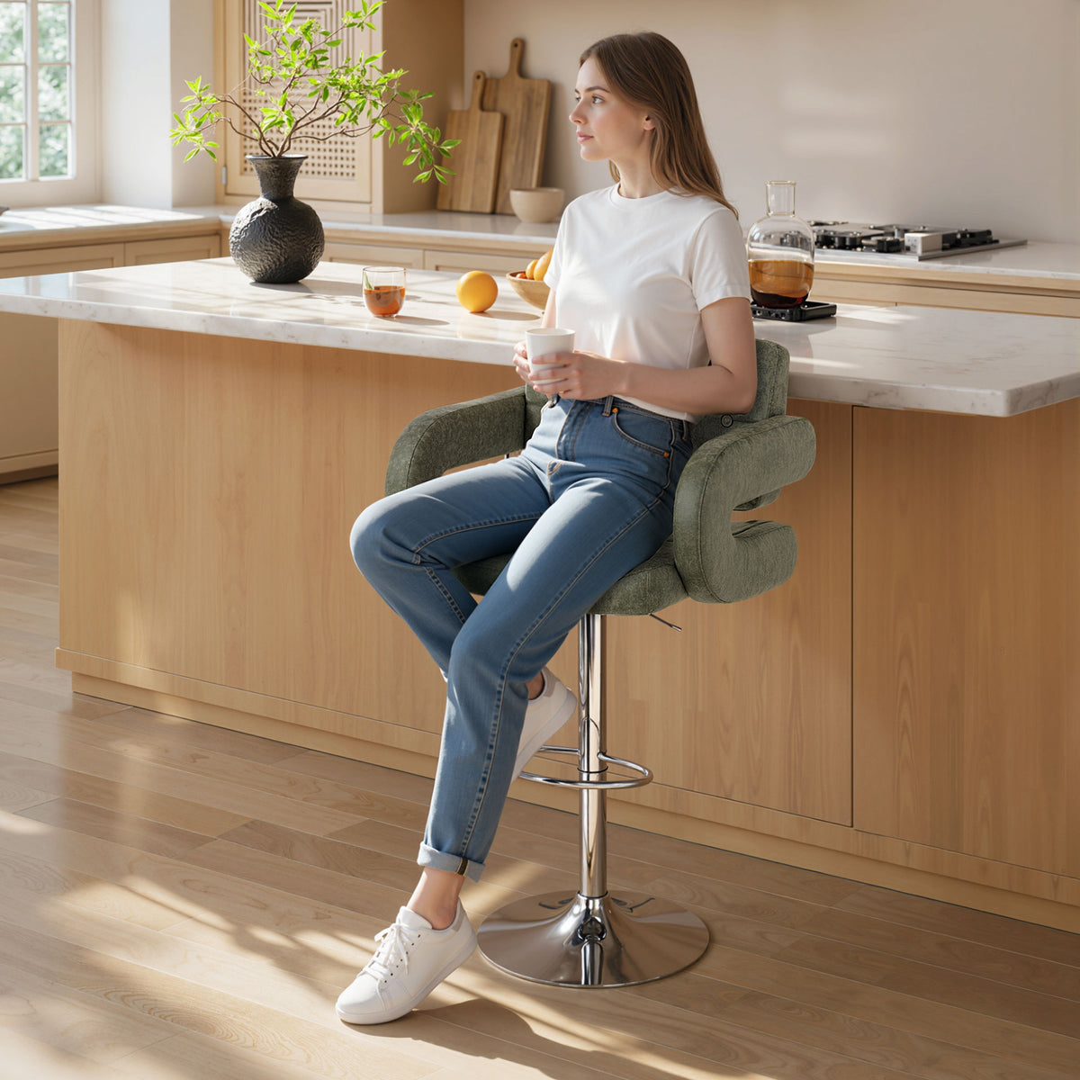 PU Leather Swivel Bar Stool with Backrest and Footrest - Green